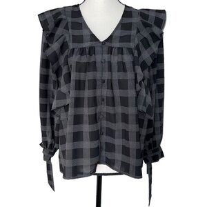 Loft Plaid Button Ruffle Babydoll Bow Prairie Office Attire Blouse